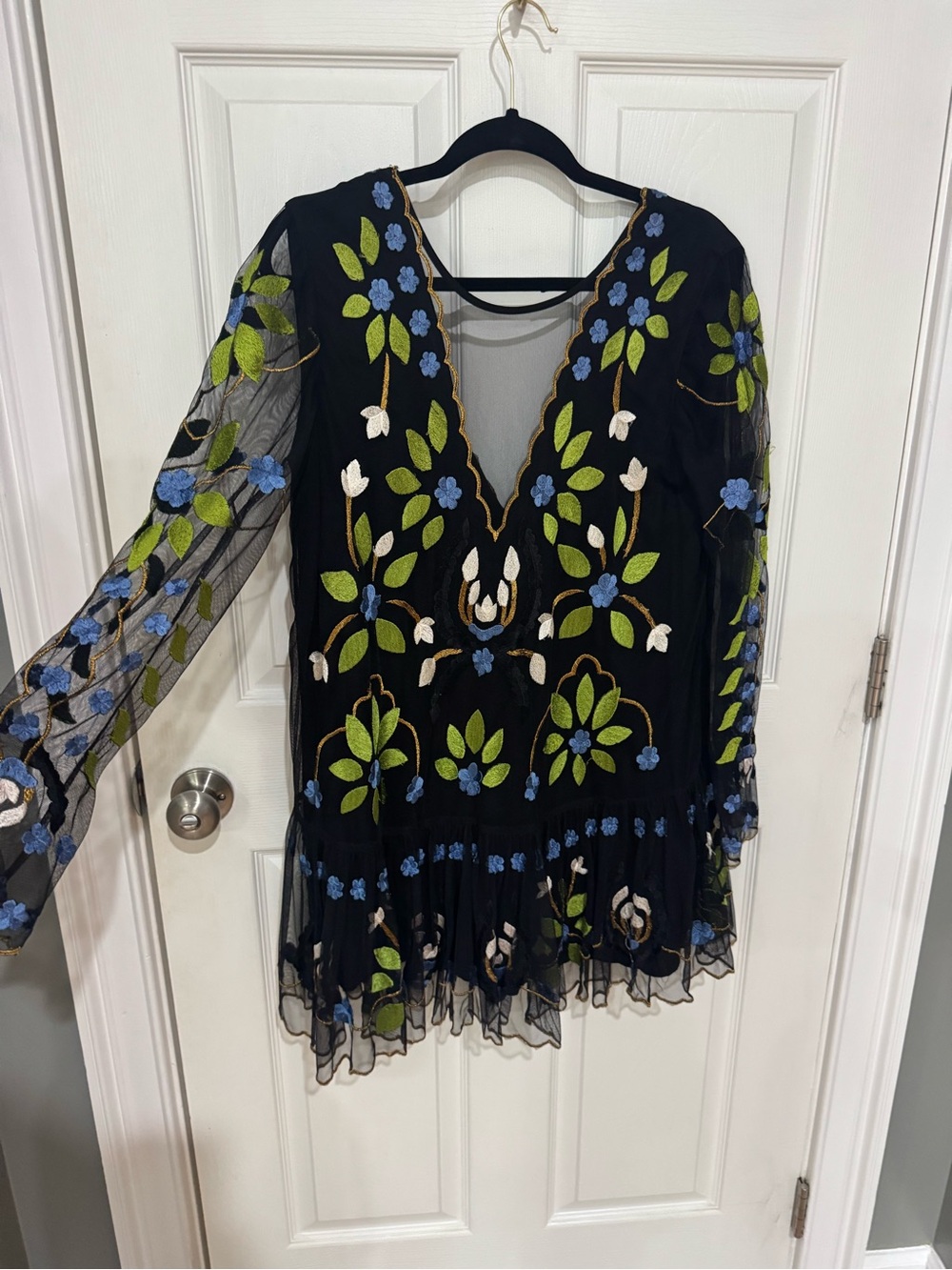 Free People Black Sheer Floral Embroidered V-Neck Tunic